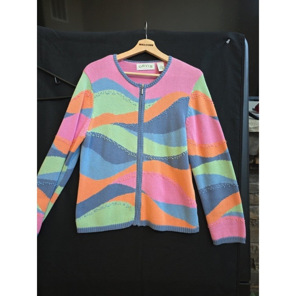 Vtg Orvis Cardigan Sweater Ladies Pastel Color Patchwork Geometric Sz M